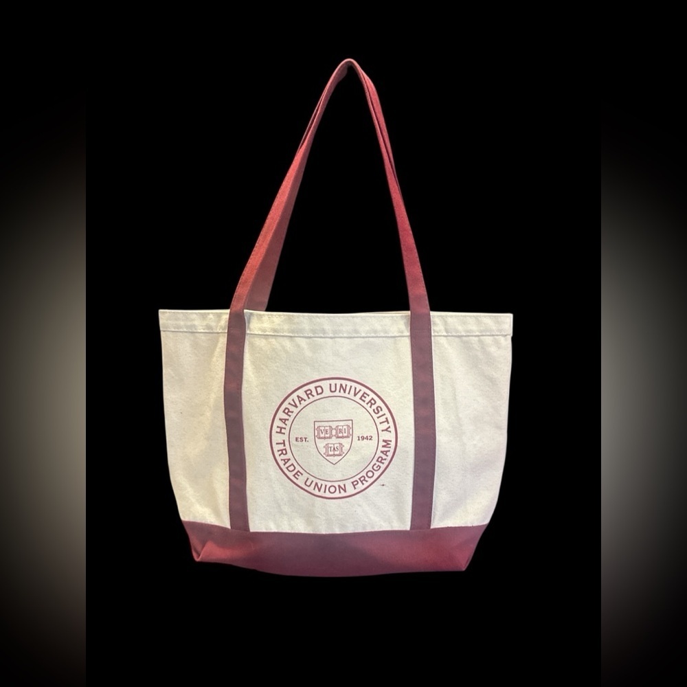 Harvard  University Cream and Red Canvas Tote Bag with Double Strap Handles.